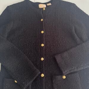 Vintage 80s Kerry N Kelsey Black Gold Buttons Knit Cardigan Sweater Womens Small